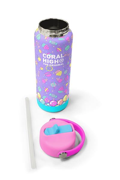 Coral High 650 ml Kız Çocuk Mor Yeşil Ayıcık Desenli Çelik Suluk/Matara (Pipetli) 38305