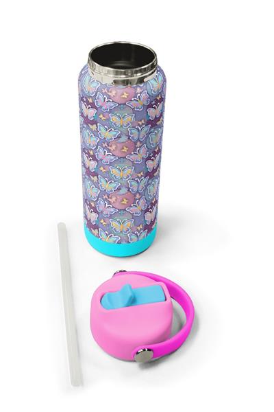 Coral High 650 ml Kız Çocuk Pastel Renkli Kelebek Desenli Çelik Suluk/Matara (Pipetli) 38306