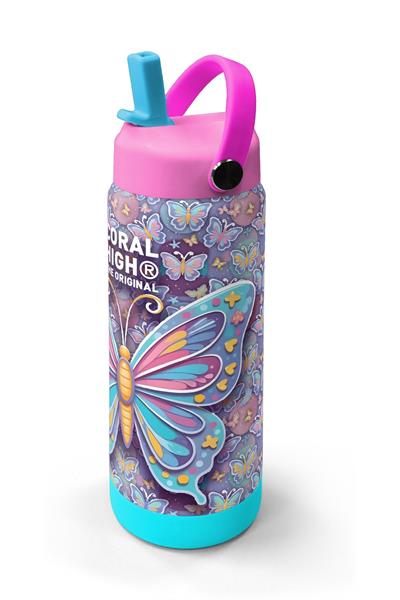 Coral High 650 ml Kız Çocuk Pastel Renkli Kelebek Desenli Çelik Suluk/Matara (Pipetli) 38306