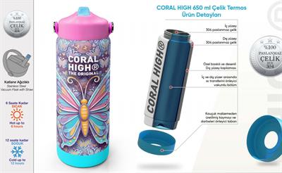 Coral High 650 ml Kız Çocuk Pastel Renkli Kelebek Desenli Çelik Suluk/Matara (Pipetli) 38306