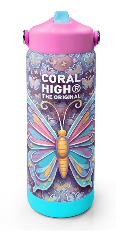 Coral High 650 ml Kız Çocuk Pastel Renkli Kelebek Desenli Çelik Suluk/Matara (Pipetli) 38306