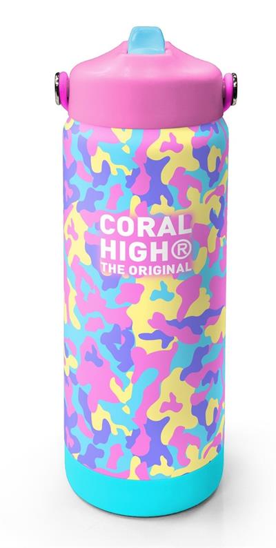 Coral High 650 ml Kız Çocuk Pembe Sarı Kamuflaj Çelik Suluk/Matara (Pipetli) 38301