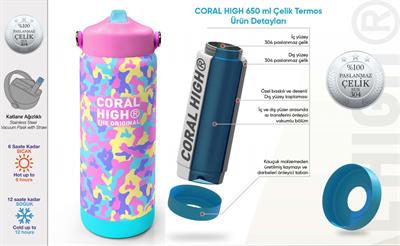Coral High 650 ml Kız Çocuk Pembe Sarı Kamuflaj Çelik Suluk/Matara (Pipetli) 38301