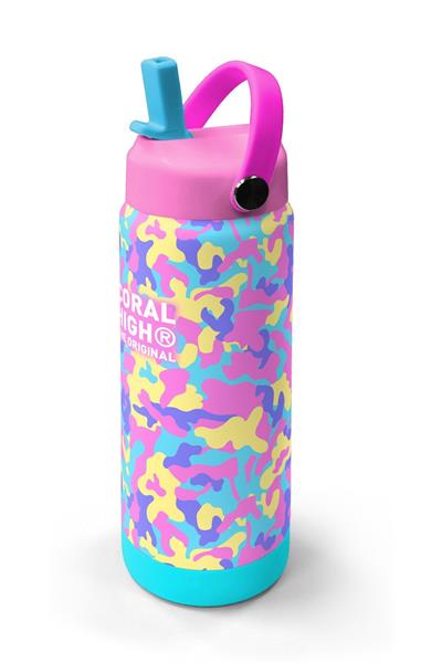 Coral High 650 ml Kız Çocuk Pembe Sarı Kamuflaj Çelik Suluk/Matara (Pipetli) 38301