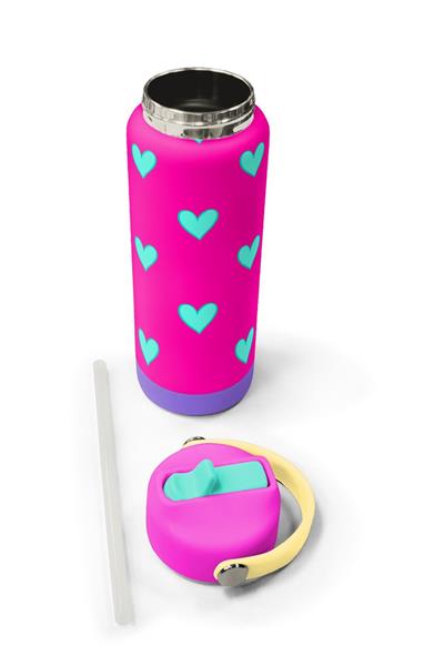 Coral High 650 ml Kız Çocuk Pembe Su Yeşili Kalp Baskılı Çelik Suluk/Matara (Pipetli) 38376