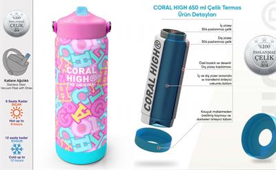 Coral High 650 ml Kız Çocuk Pembe Su Yeşili Harf Baskılı Çelik Suluk/Matara (Pipetli) 38323