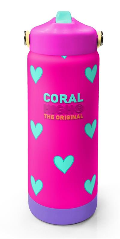 Coral High 650 ml Kız Çocuk Pembe Su Yeşili Kalp Baskılı Çelik Suluk/Matara (Pipetli) 38376