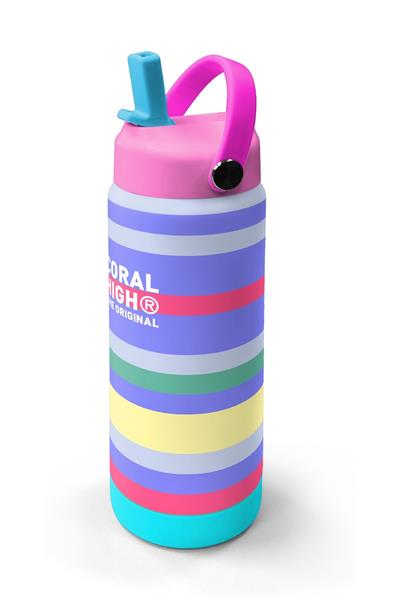Coral High 650 ml Kız Çocuk Renkli Çizgi Desenli Çelik Suluk/Matara (Pipetli) 38302