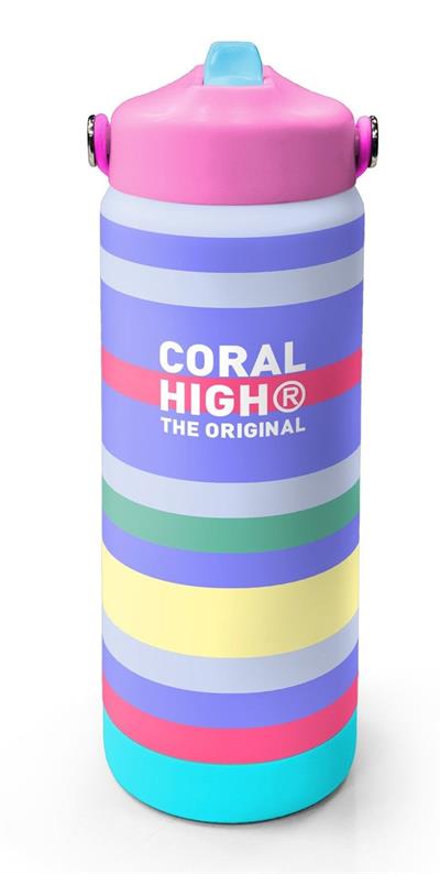Coral High 650 ml Kız Çocuk Renkli Çizgi Desenli Çelik Suluk/Matara (Pipetli) 38302