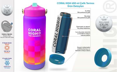 Coral High 650 ml Kız Çocuk Sarı Mor Dama Desenli Çelik Suluk/Matara (Pipetli) 38303