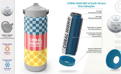 Coral High 650 ml Kız Çocuk Sarı Pembe Yeşil Puantiyeli Çelik Suluk/Matara (Pipetli) 38304