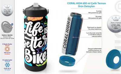 Coral High 650 ml Kız Çocuk Siyah Beyaz Bisiklet Baskılı Çelik Suluk/Matara (Pipetli) 38325