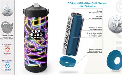Coral High 650 ml Kız Çocuk Siyah Çok Renkli Neon Desenli Çelik Suluk/Matara (Pipetli) 38330