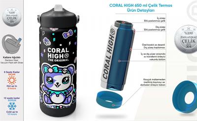 Coral High 650 ml Kız Çocuk Siyah Mor Ayıcık Baskılı Çelik Suluk/Matara (Pipetli) 38324
