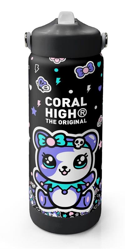 Coral High 650 ml Kız Çocuk Siyah Mor Ayıcık Baskılı Çelik Suluk/Matara (Pipetli) 38324