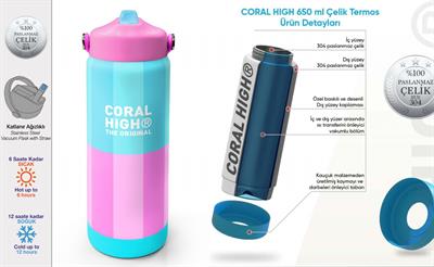 Coral High 650 ml Kız Çocuk Turkuaz Pembe Çizgi Desenli Çelik Suluk/Matara (Pipetli) 38381