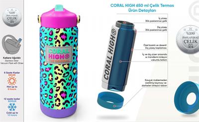 Coral High 650 ml Kız Çocuk Yeşil Mor Leopar Desenli Çelik Suluk/Matara (Pipetli) 38380