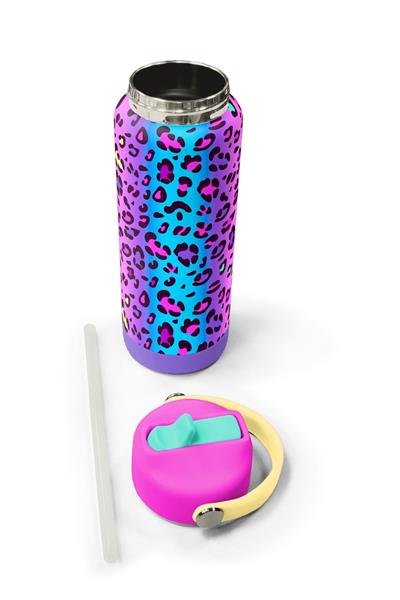 Coral High 650 ml Kız Çocuk Yeşil Mor Leopar Desenli Çelik Suluk/Matara (Pipetli) 38380