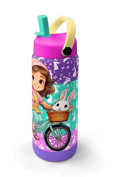 Coral High 650 ml Kız Çocuk Yeşil Pembe Bisikletli Kız Çelik Suluk/Matara (Pipetli) 38394