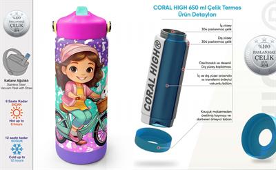 Coral High 650 ml Kız Çocuk Yeşil Pembe Bisikletli Kız Çelik Suluk/Matara (Pipetli) 38394