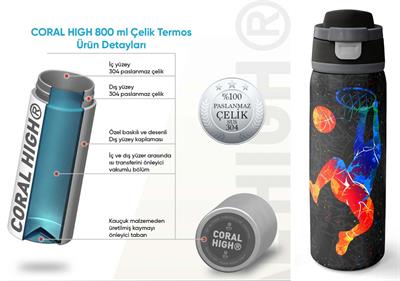 Coral High 800 ml Erkek Çocuk Gri Turuncu Basketbol Desenli Pipetli ve Direkt İçim Çelik Termos/Matara - 38532
