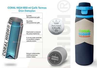 Coral High 800 ml Erkek Çocuk Lacivert Bej Renkli Çizgili Pipetli ve Direkt İçim Çelik Termos/Matara - 38553