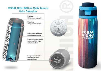 Coral High 800 ml Erkek Çocuk Lacivert Çok Renkli Çizgi Desenli Pipetli ve Direkt İçim Çelik Termos/Matara - 38550