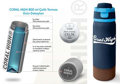 Coral High 800 ml Erkek Çocuk Lacivert Kahverengi Desenli Pipetli ve Direkt İçim Çelik Termos/Matara - 38514