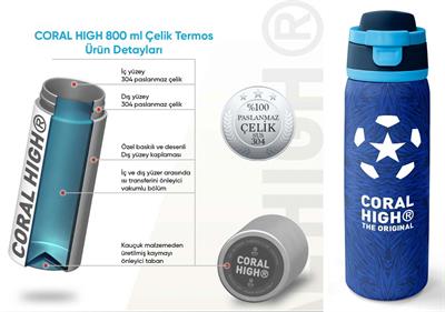 Coral High 800 ml Erkek Çocuk Lacivert Mavi Futbol Desenli Pipetli ve Direkt İçim Çelik Termos/Matara - 38557