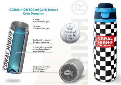 Coral High 800 ml Erkek Çocuk Lacivert Siyah Beyaz Dama Desenli Pipetli ve Direkt İçim Çelik Termos/Matara - 38512