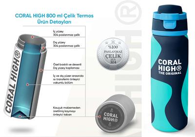 Coral High 800 ml Erkek Çocuk Lacivert Turkuaz Renkli Çizgili Pipetli ve Direkt İçim Çelik Termos/Matara - 38546