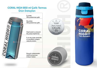 Coral High 800 ml Erkek Çocuk Mavi Çok Renkli Kamuflaj Desenli Pipetli ve Direkt İçim Çelik Termos/Matara - 38517