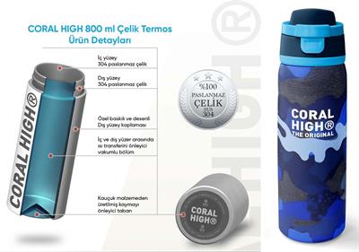 Coral High 800 ml Erkek Çocuk Mavi Lacivert Kamuflaj Desenli Pipetli ve Direkt İçim Çelik Termos/Matara - 38549