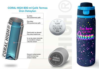 Coral High 800 ml Erkek Çocuk Mor Mavi Baskılı Pipetli ve Direkt İçim Çelik Termos/Matara - 38524
