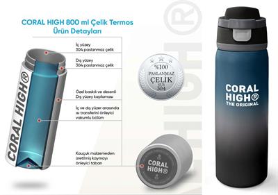 Coral High 800 ml Erkek Çocuk Nefti Gri Renk Geçişli Pipetli ve Direkt İçim Çelik Termos/Matara - 38531