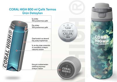 Coral High 800 ml Erkek Çocuk Nefti Kamuflaj Desenli Pipetli ve Direkt İçim Çelik Termos/Matara - 38520