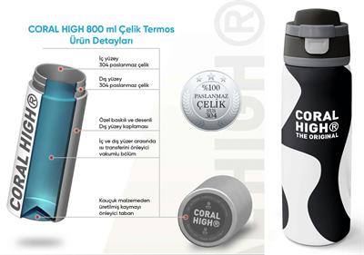 Coral High 800 ml Erkek Çocuk Renkli Çizgili Siyah Beyaz Pipetli ve Direkt İçim Çelik Termos/Matara - 38547