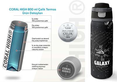 Coral High 800 ml Erkek Çocuk Siyah Beyaz Galaxy Desenli Pipetli ve Direkt İçim Çelik Termos/Matara - 38533
