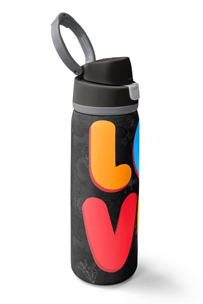 Coral High 800 ml Erkek Çocuk Siyah Çok Renkli Love Baskılı Pipetli ve Direkt İçim Çelik Termos/Matara - 38508