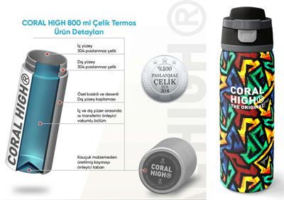 Coral High 800 ml Erkek Çocuk Siyah Grafiti Desenli Pipetli ve Direkt İçim Çelik Termos/Matara - 38522