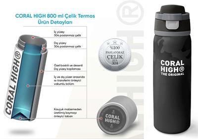 Coral High 800 ml Erkek Çocuk Siyah Gri Kamuflaj Desenli Pipetli ve Direkt İçim Çelik Termos/Matara - 38516