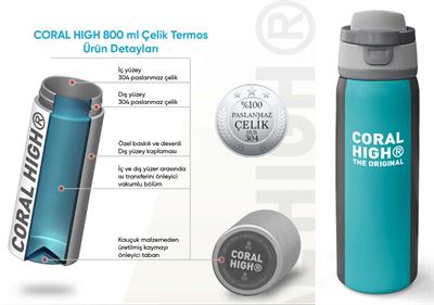 Coral High 800 ml Erkek Çocuk Siyah Turkuaz Çizgili Pipetli ve Direkt İçim Çelik Termos/Matara - 38556