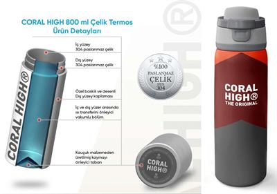 Coral High 800 ml Erkek Çocuk Turuncu Bordo Gri Renkli Pipetli ve Direkt İçim Çelik Termos/Matara - 38552