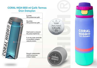Coral High 800 ml Kız Çocuk Derin Mavi Renkli Pipetli ve Direkt İçim Çelik Termos/Matara - 38530
