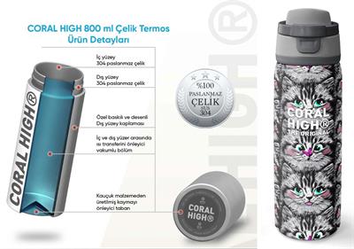 Coral High 800 ml Kız Çocuk Gri Kedi Desenli Pipetli ve Direkt İçim Çelik Termos/Matara - 38527