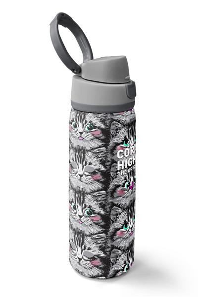 Coral High 800 ml Kız Çocuk Gri Kedi Desenli Pipetli ve Direkt İçim Çelik Termos/Matara - 38527