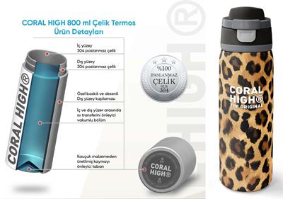 Coral High 800 ml Kız Çocuk Kahverengi Leopar Baskılı Pipetli ve Direkt İçim Çelik Termos/Matara - 38541