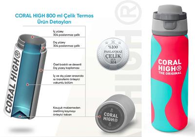 Coral High 800 ml Kız Çocuk Kırmızı Turkuaz Renkli Çizgili Pipetli ve Direkt İçim Çelik Termos/Matara - 38545