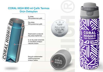 Coral High 800 ml Kız Çocuk Mor Beyaz Geometrik Şekiller Pipetli ve Direkt İçim Çelik Termos/Matara - 38543