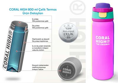 Coral High 800 ml Kız Çocuk Mor Yeşil Pembe Çok Renkli Pipetli ve Direkt İçim Çelik Termos/Matara - 38537